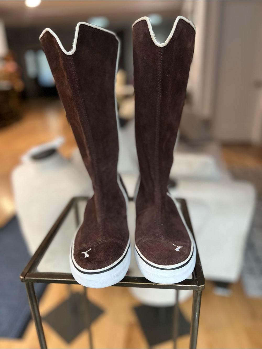 Pumas Brown Suede Over-the-Knee Boots. Boxing Puma Hi-Top Shoes Moto Y2K Style